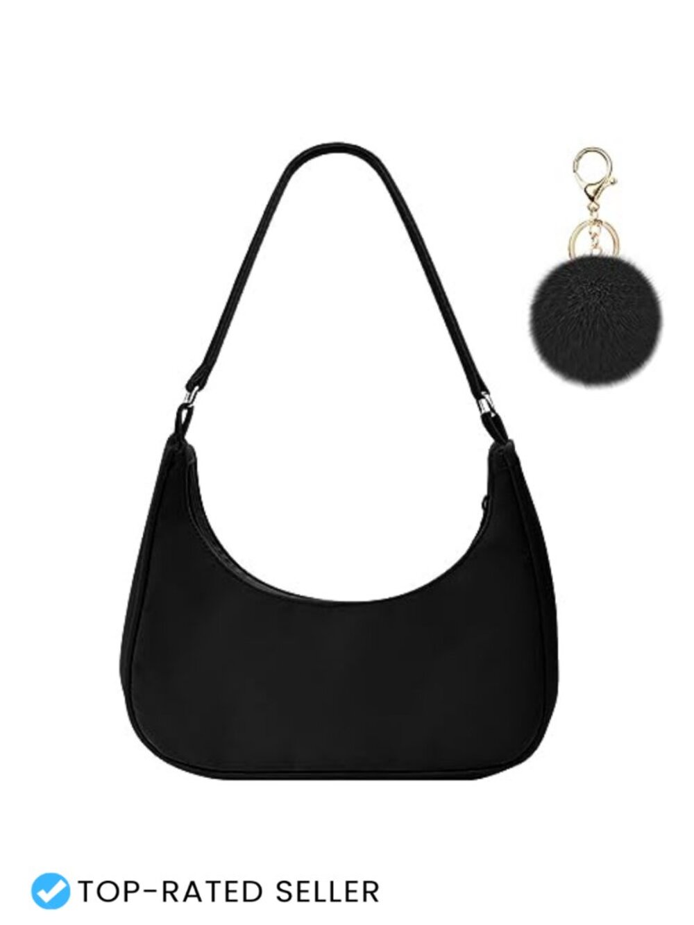 Vintage Y2K Style Shoulder Bag, Nylon Sling Purse with Fluffy Pom Pom Keychain
